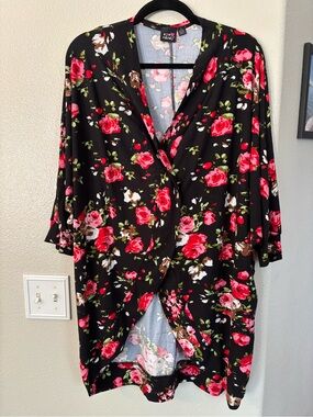 Eye Candy Black Red Rose Floral Open Front Cardigan Kimono Duster 3X